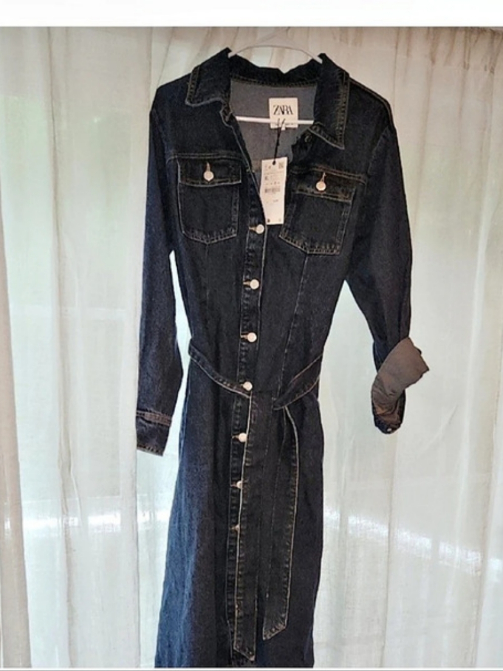Zara Denim Midi Dress with Belt Blue Size XL